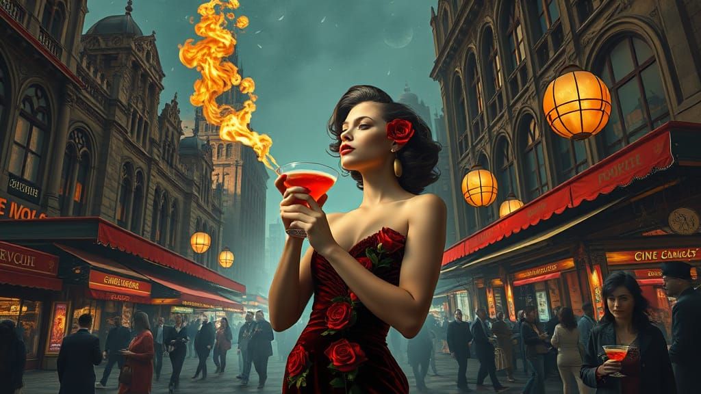 Woman in Velvet Dress Amidst Fractal Patterns and Decaying M...