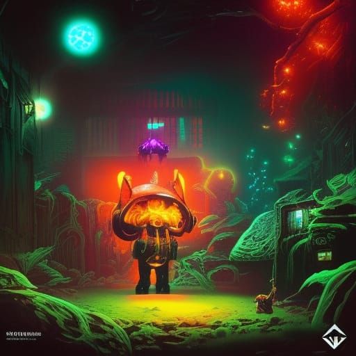 Bioluminescent Mech Warrior in Dark Sci-Fi Arena