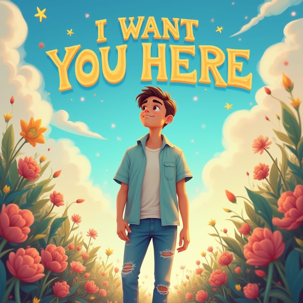 Whimsical Cartoon Scene with Longing and Optimism