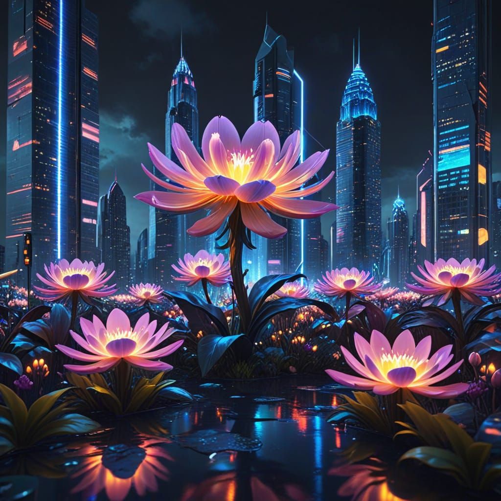 Futuristic City Inside Giant Glowing Flower