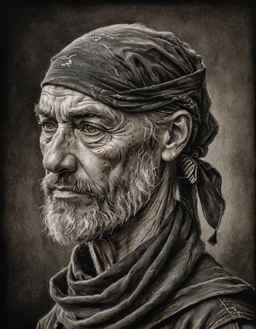 Charcoal Portrait of a Wounded Man with Bandana