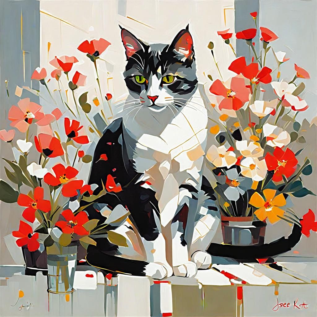 Whimsical Cat Surrounded by Blooming Flowers in Soft Light