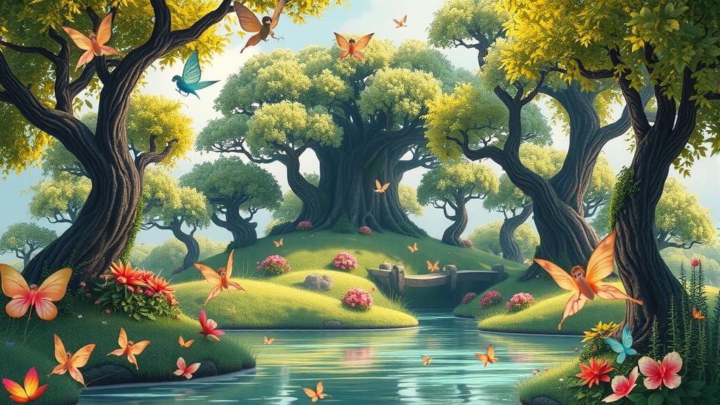 Fantasy Island with beautiful colourful Fairies floating aro...