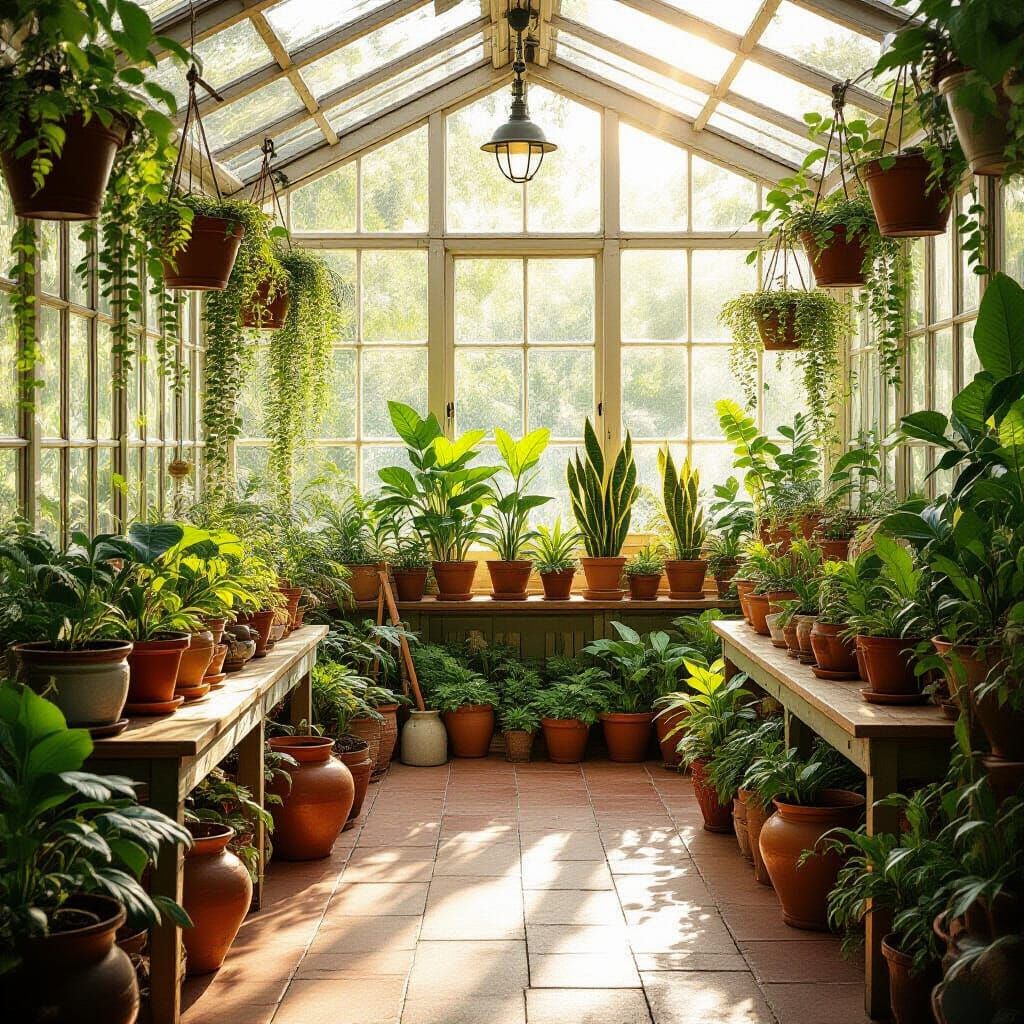 Sunlit Greenhouse with Exotic Plants in Hyperrealism Style