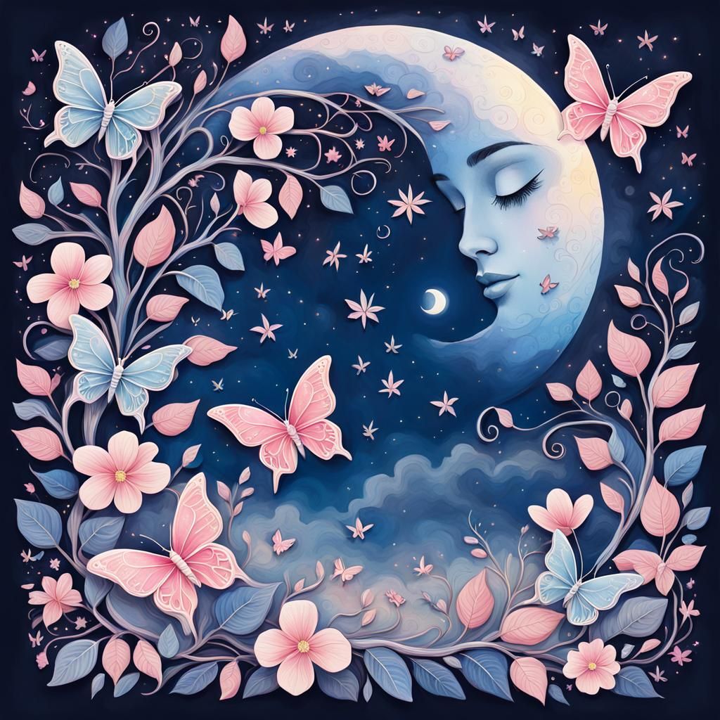 Whimsical Moon and Stars Illustration in Pastel Hues