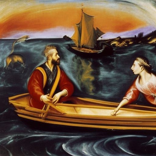 Rat and Wolf Cub in Pine Boat: Detailed CGI Art