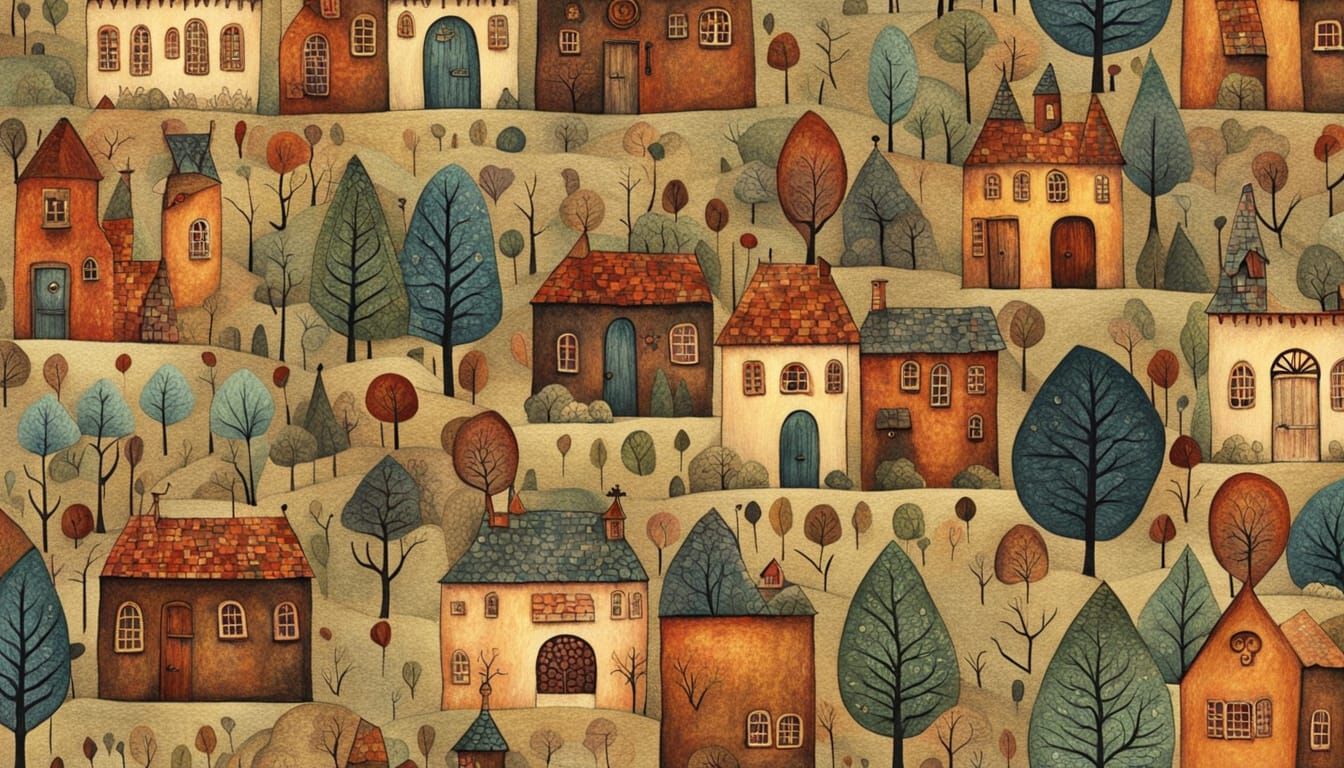 Whimsical Village Scene in Folk Art Style