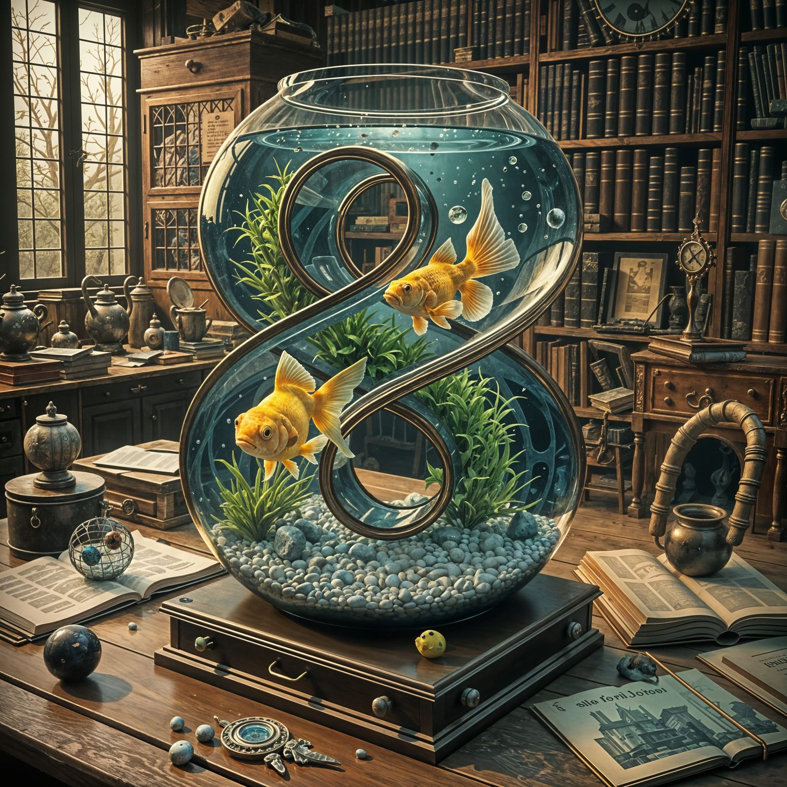Fantasy Fish Aquarium on an Antique Wooden Desk