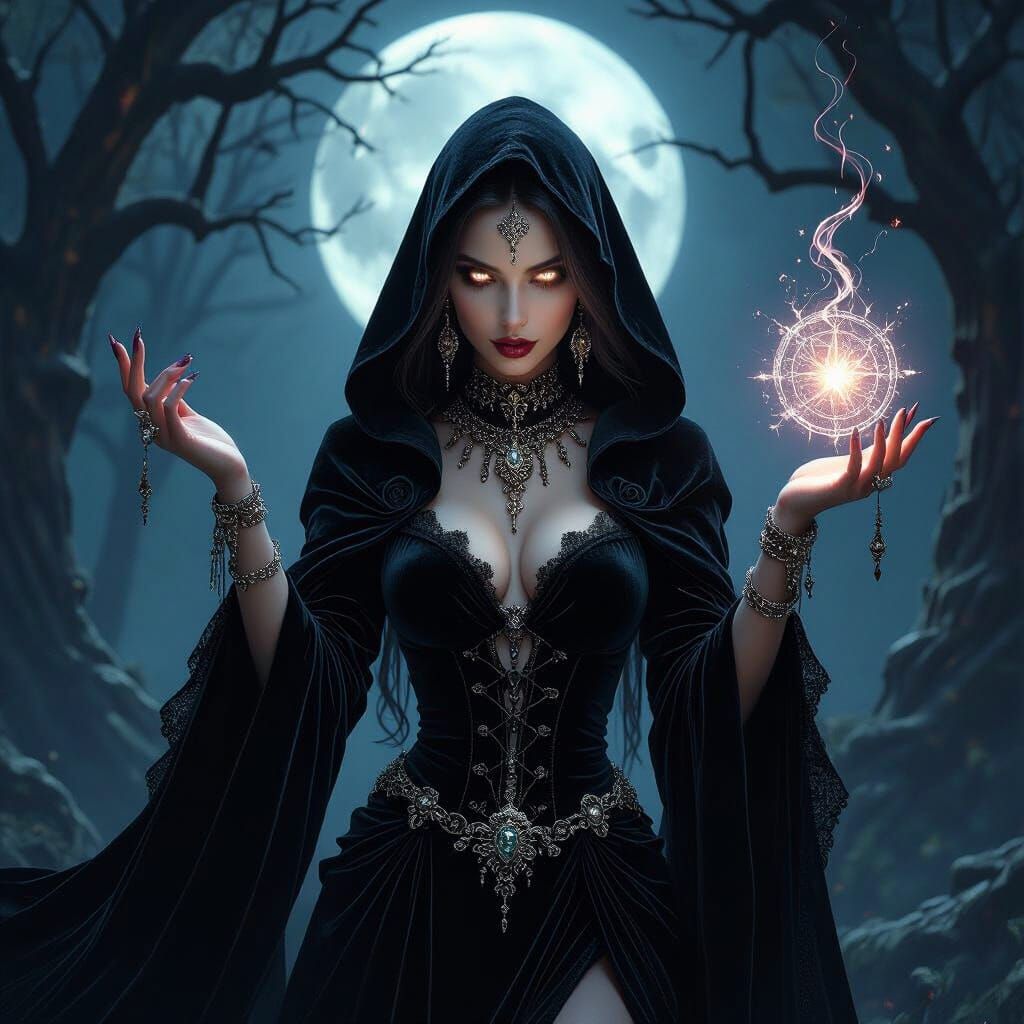 Gothic Enchantress Casting Spell in Moonlit Forest