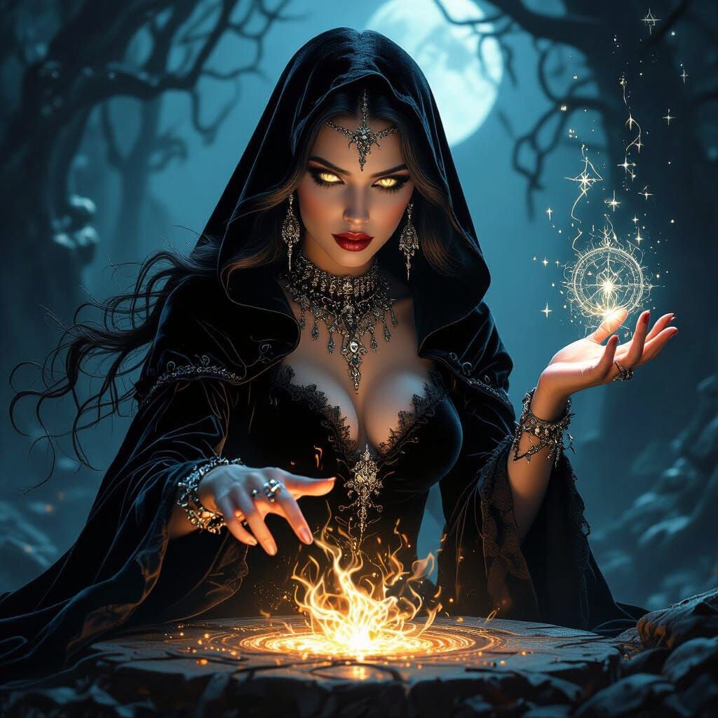 Gothic Enchantress Casting Spell in Moonlit Forest