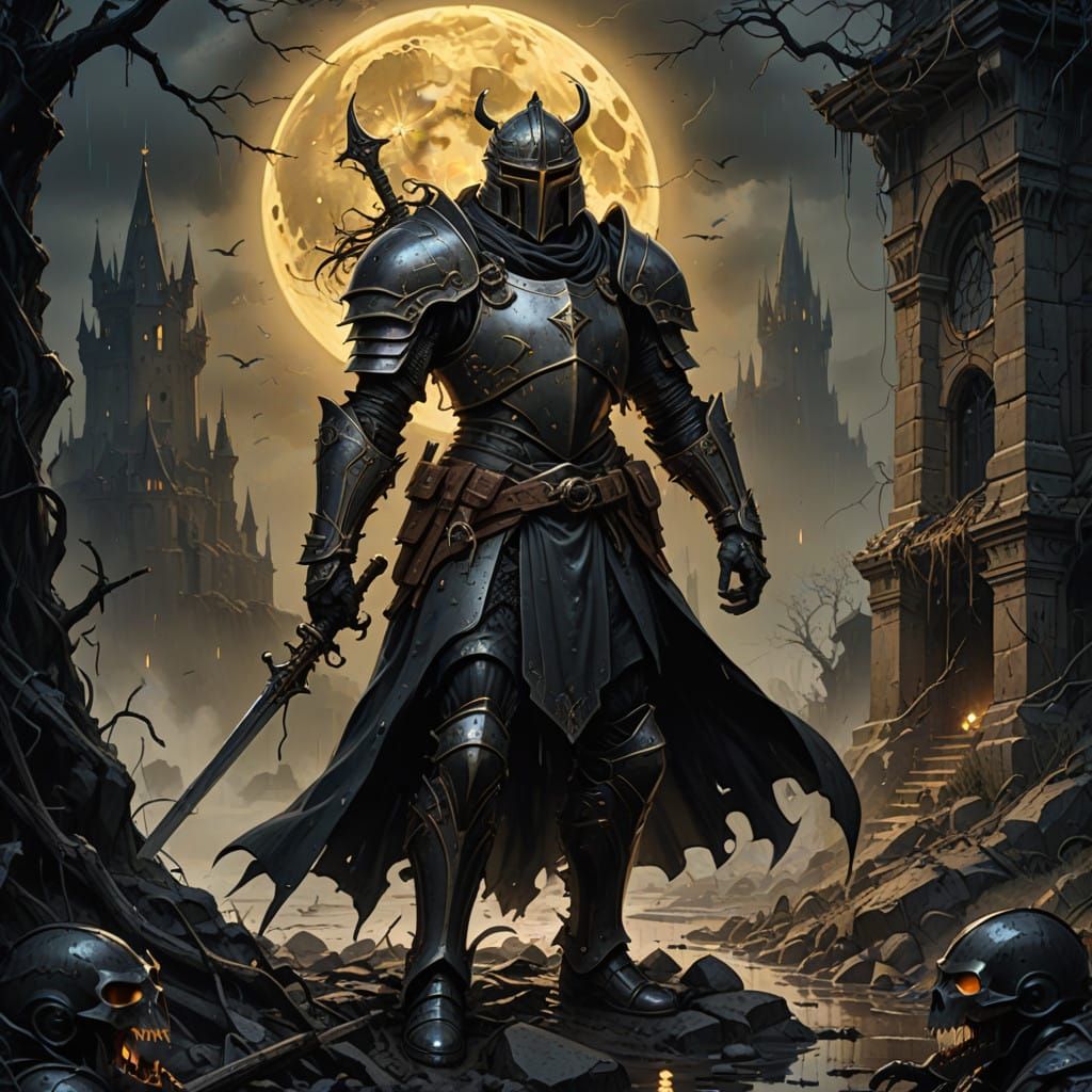 Dark Fantasy Warrior Engages Witches in Muddy Trench