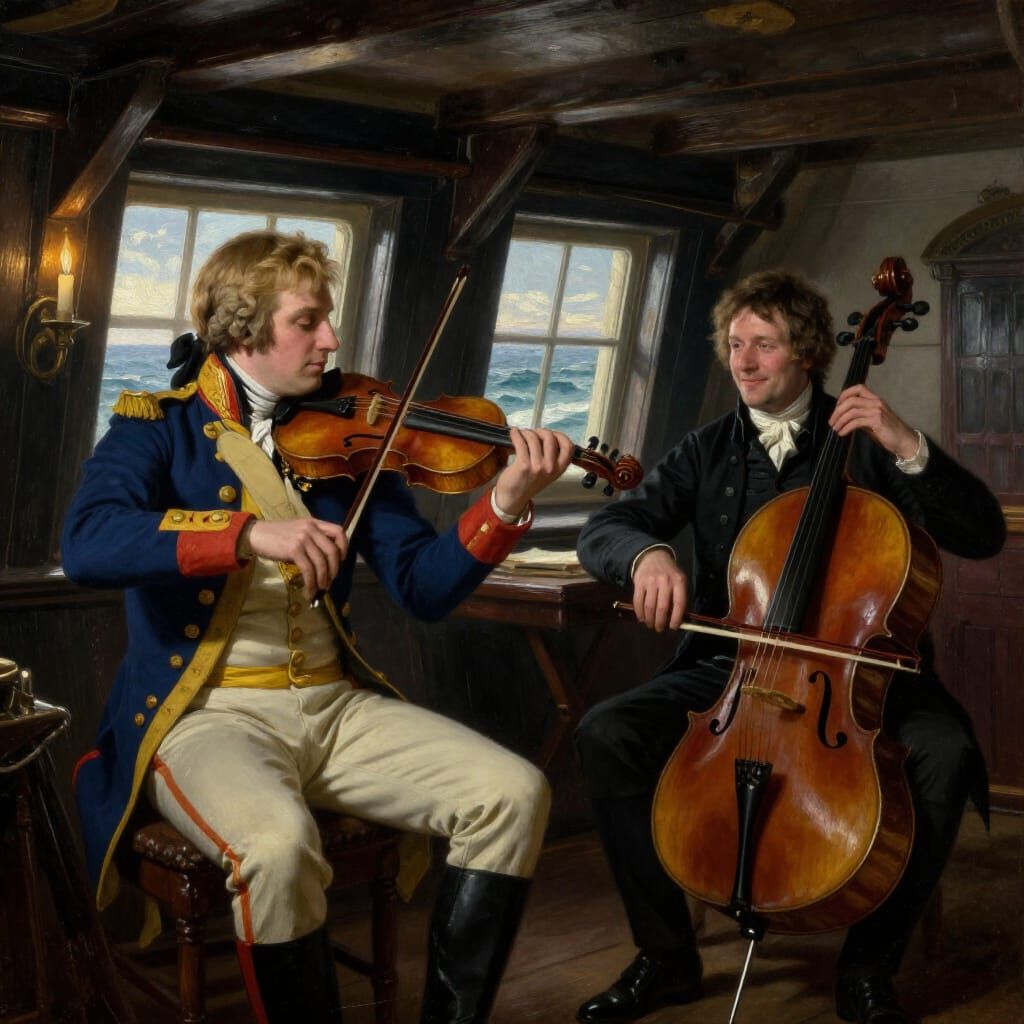 Naval Captain Plays Violin in Ship's Cabin, Oil Painting