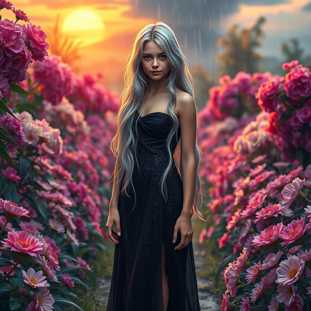 Youthful Fantasy Princess in a Vibrant Sunset Garden