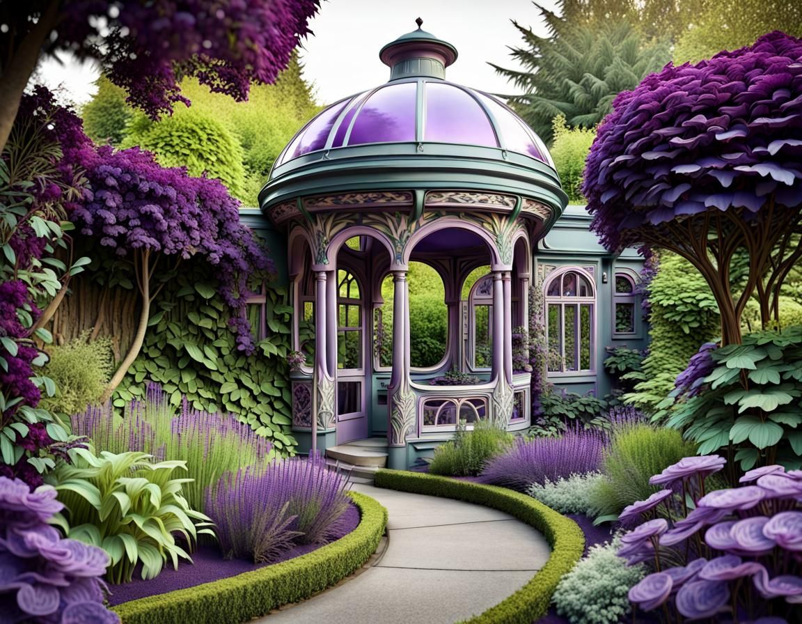 Lush Purple Garden in Art Nouveau Style