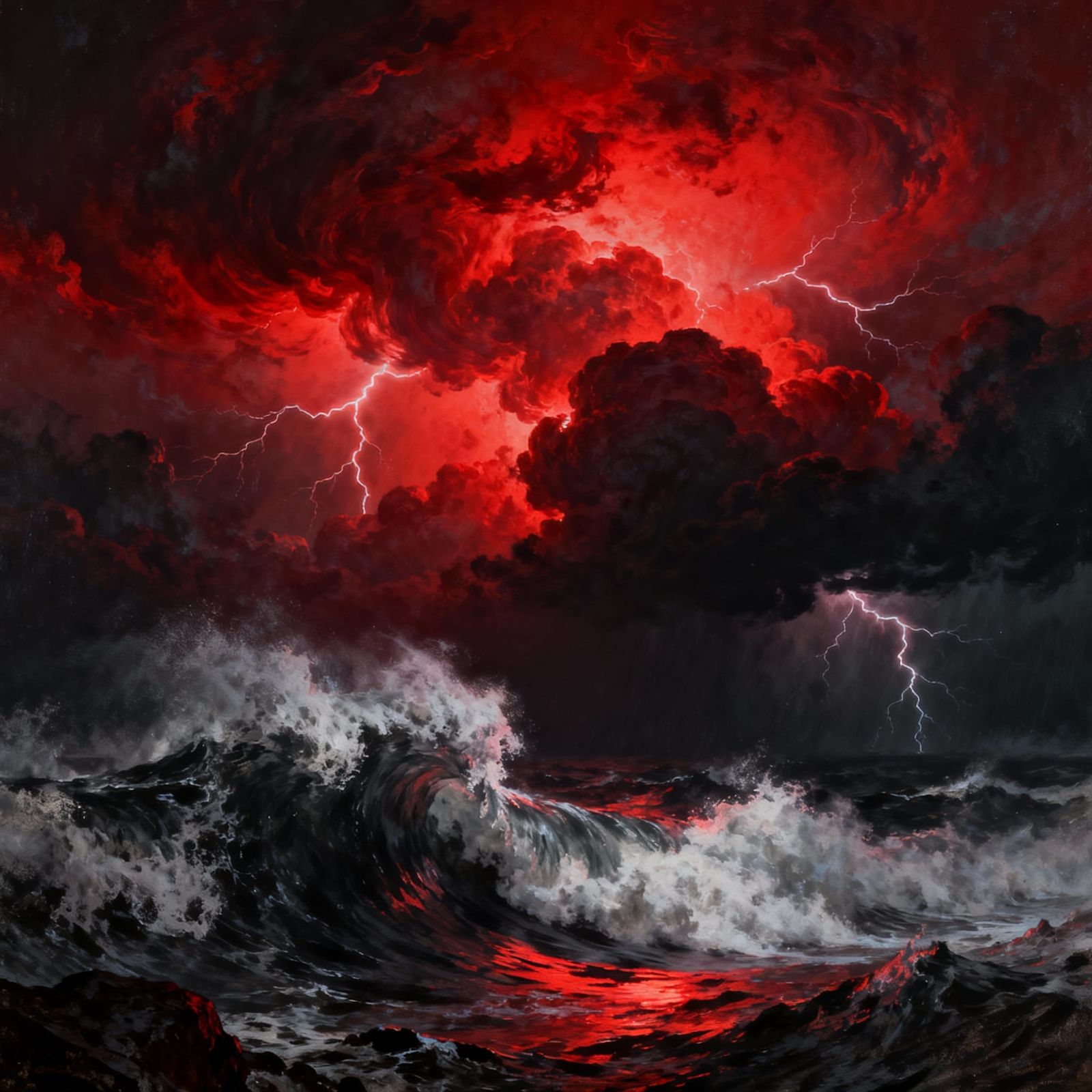 Crimson Tempest Over Turbulent Ocean at Night