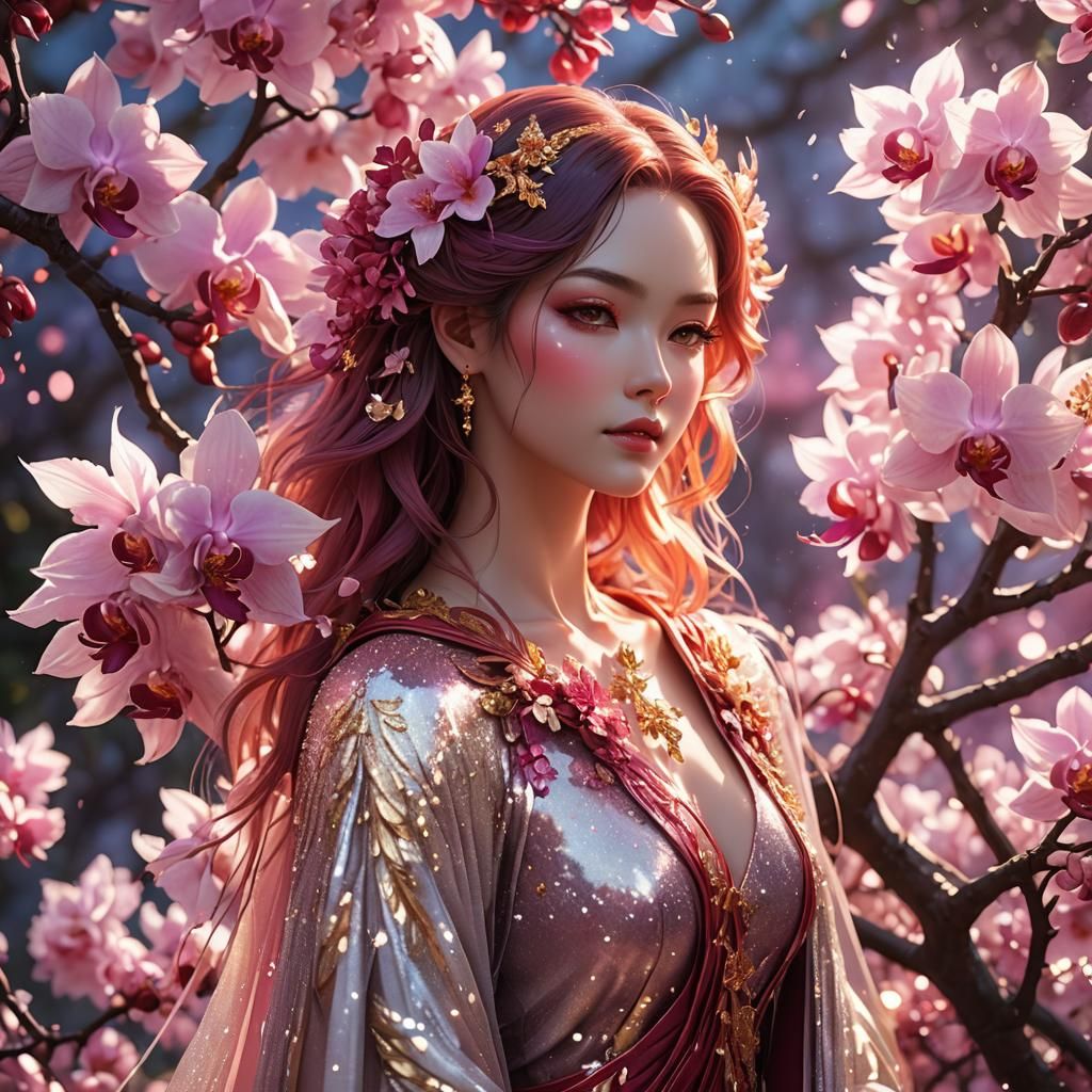 Elegant Phoenix Angel with Orchid Flowers