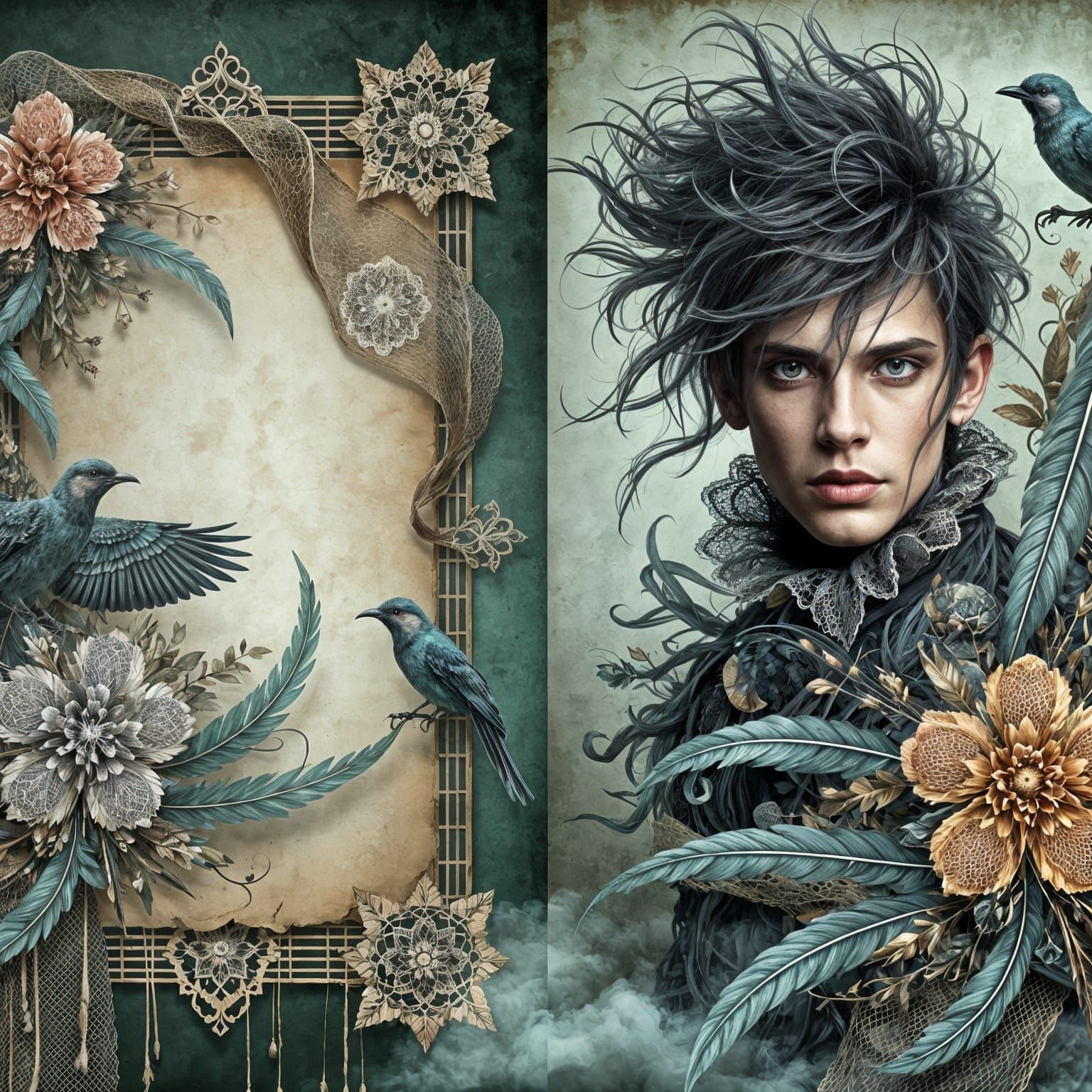 Mysterious Figure Amidst Fantasy Florals in Dreamy, Torn Bor...