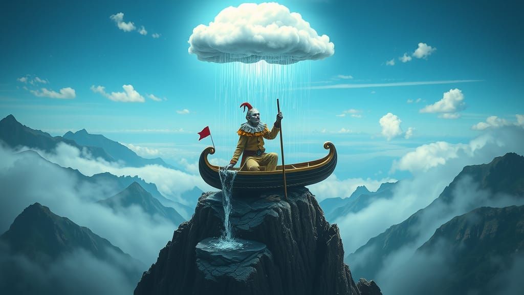 Mystical Alien Clown Sits atop Mountain Peak