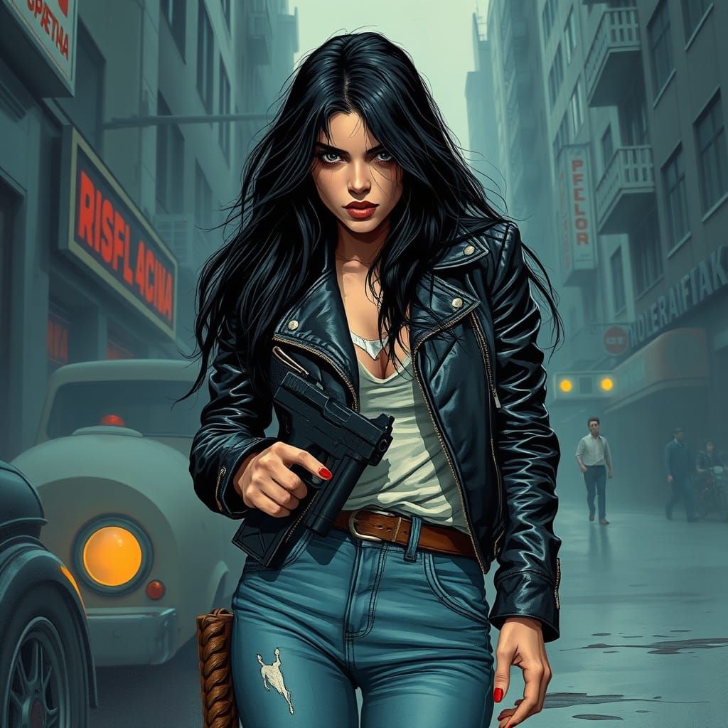 Gritty Urban Goddess with Gun, in Cyberpunk Style