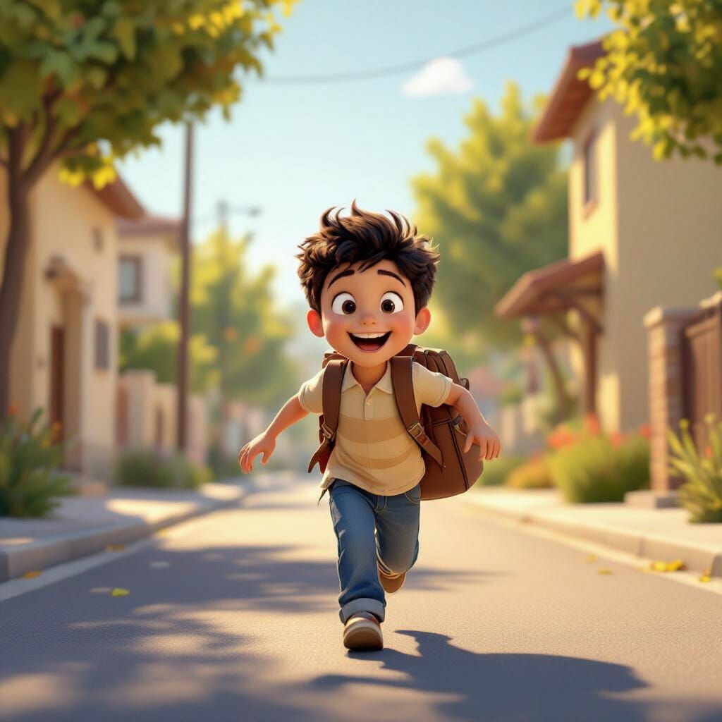 Joyful Boy Running Home With Schoolbag in 3D Style