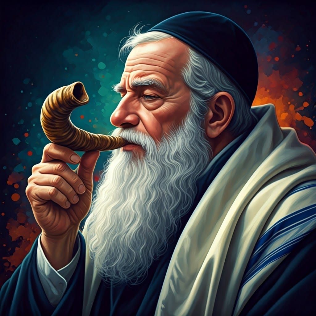 Hasidic Jew Blowing Shofar: Hyperrealistic Concept Art