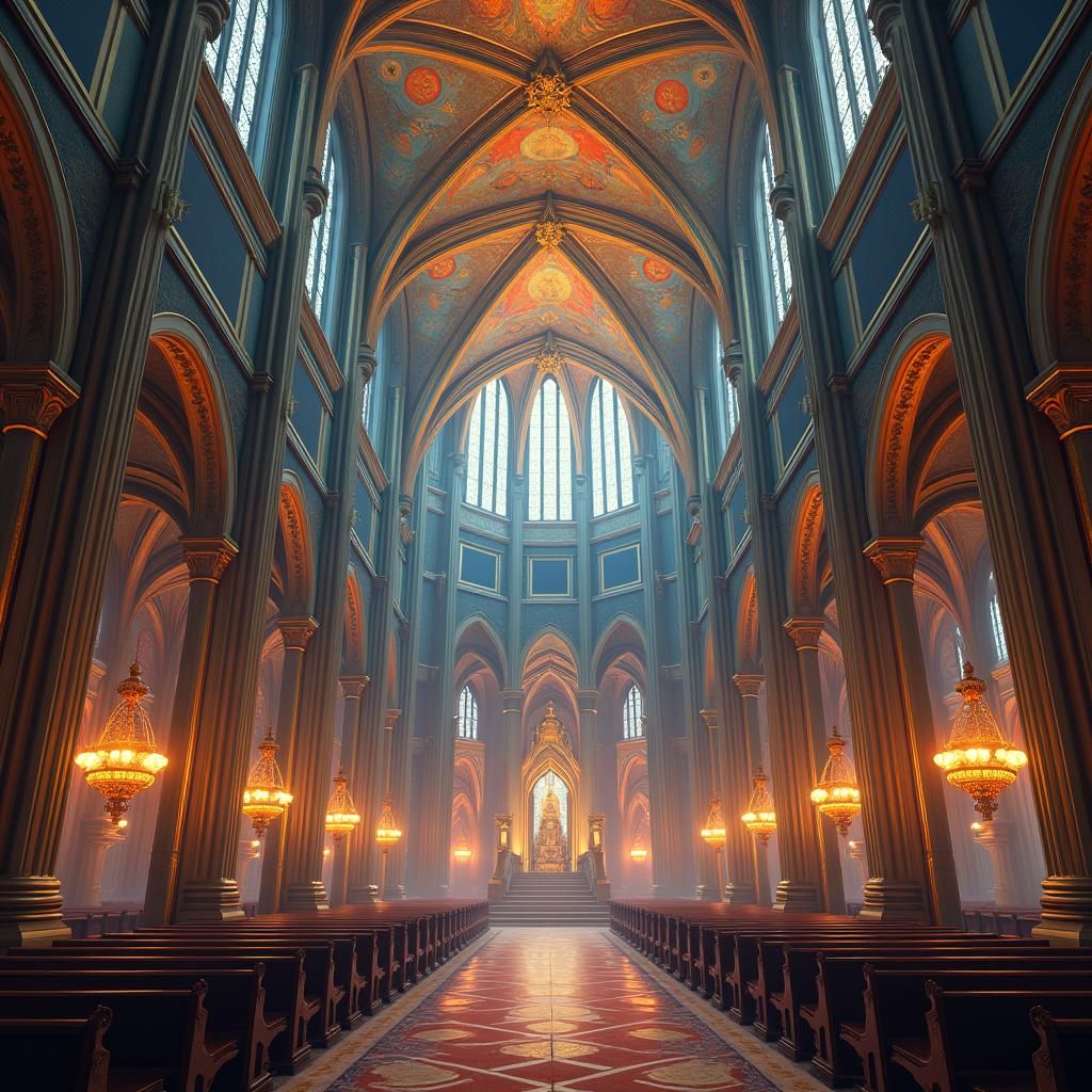 Ornate Church Interior with Symbolic Murals in 8k