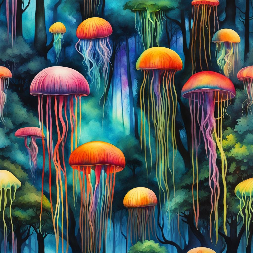 Surreal Bioluminescent Jellyfish Forest in Watercolour