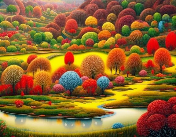 Colorful Fantasy Landscape with River and Flowers