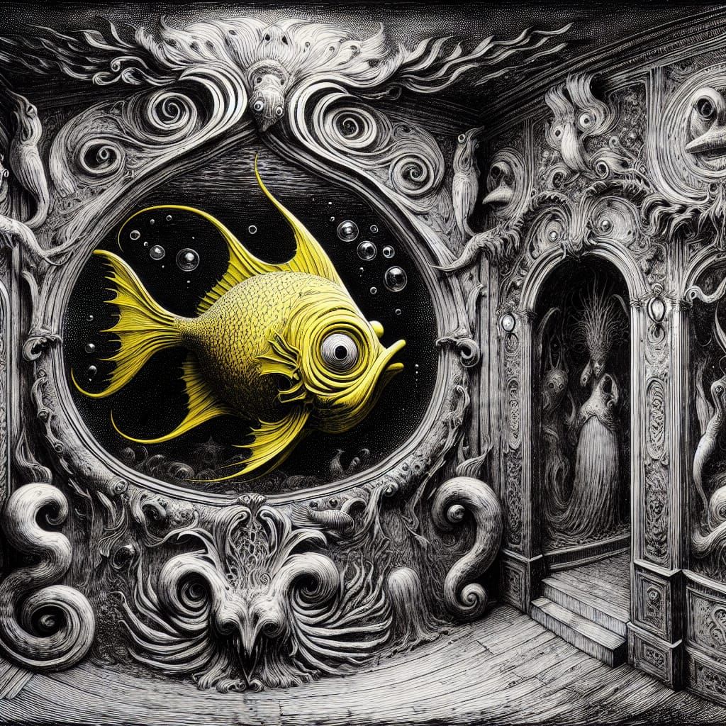 Stylized Yellow Fish in Gothic Aquarium: Doré Engraving