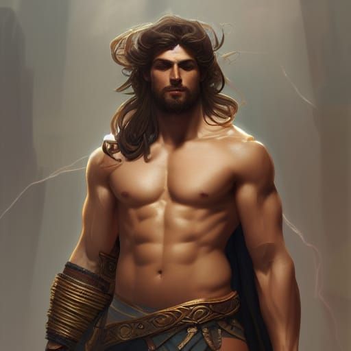 Handsome Greek Hero in Dynamic Lighting, Hyperdetailed Art