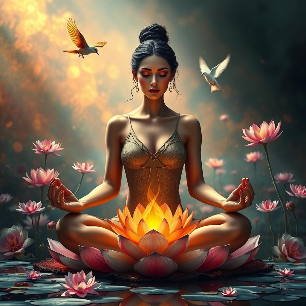 Woman in Lotus Pose with Flowers, Hyperrealistic Art