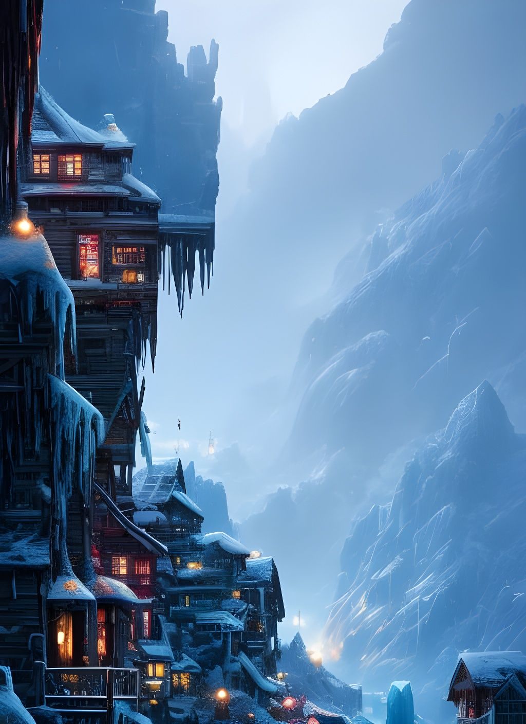 Frozen Valley Village in Hyper-Detailed Watercolor