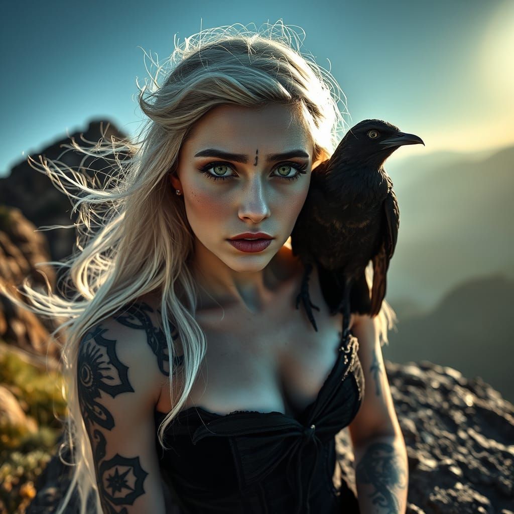 Photorealistic Witch Portrait with Raven
