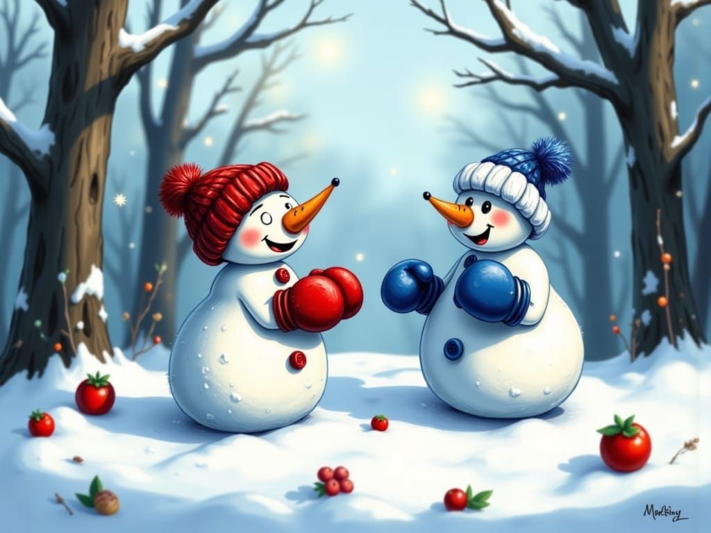 Two Snowmen Boxers Stand in a Snowy Forest