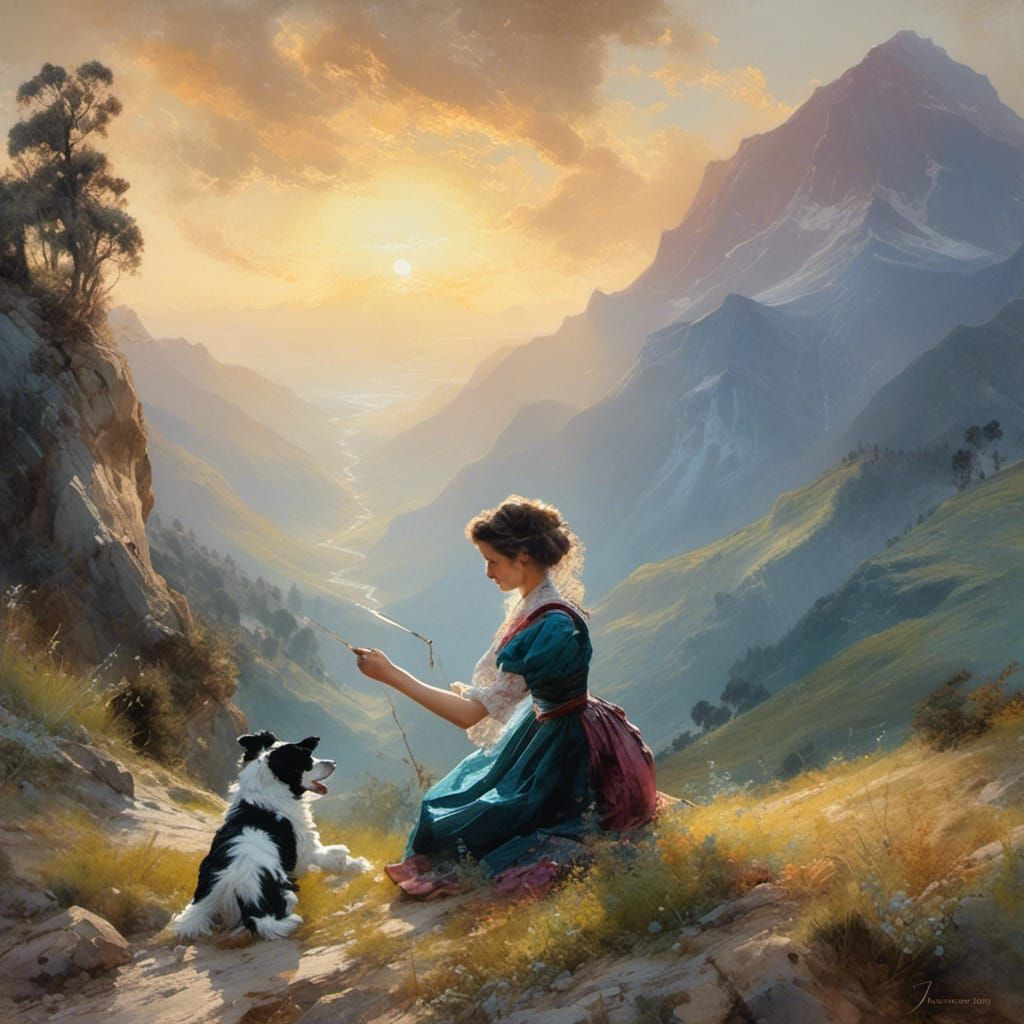 Woman in Victorian Era Playing with Border Collie Against Dr...