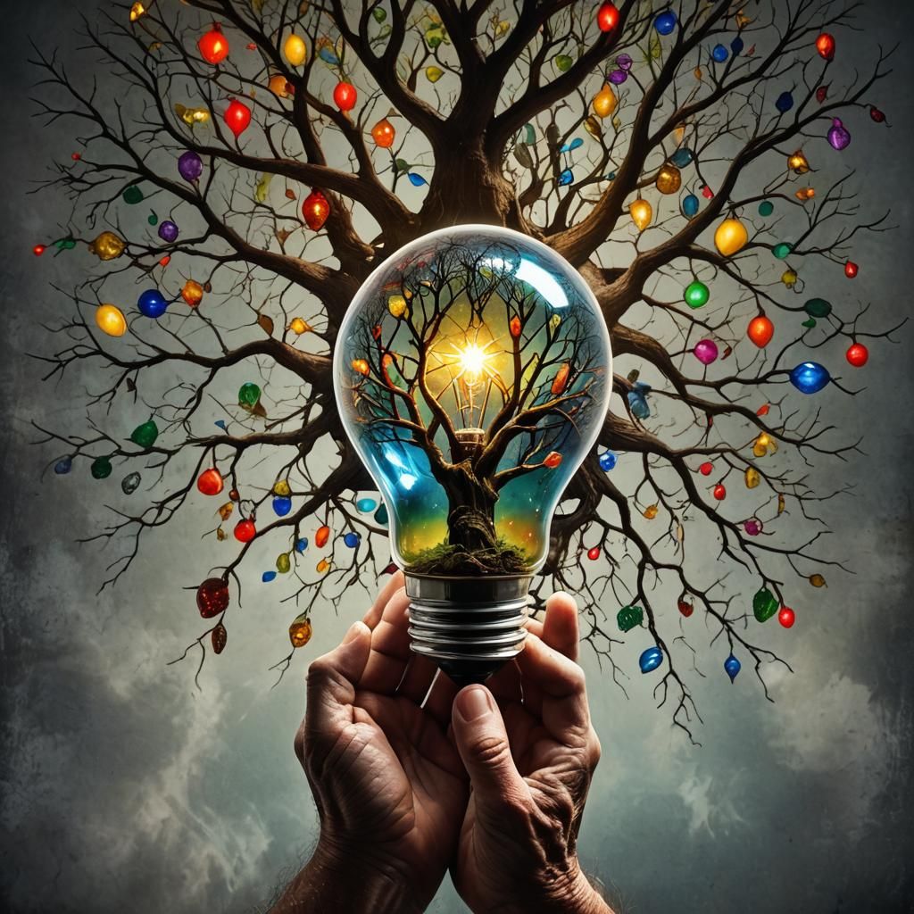 A broken light bulb with the tree of life