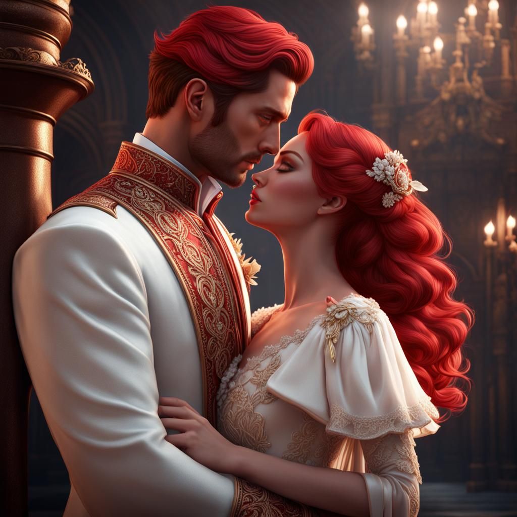 Red Suited Man Cuddling Girl: Fantasy Art