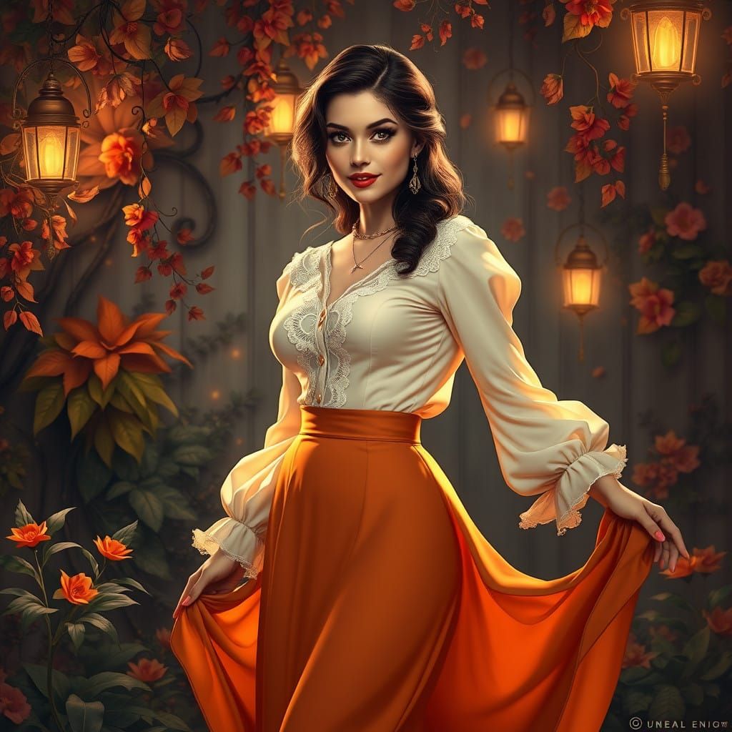 Elegant Woman Poses in Whimsical, Dreamlike Scene
