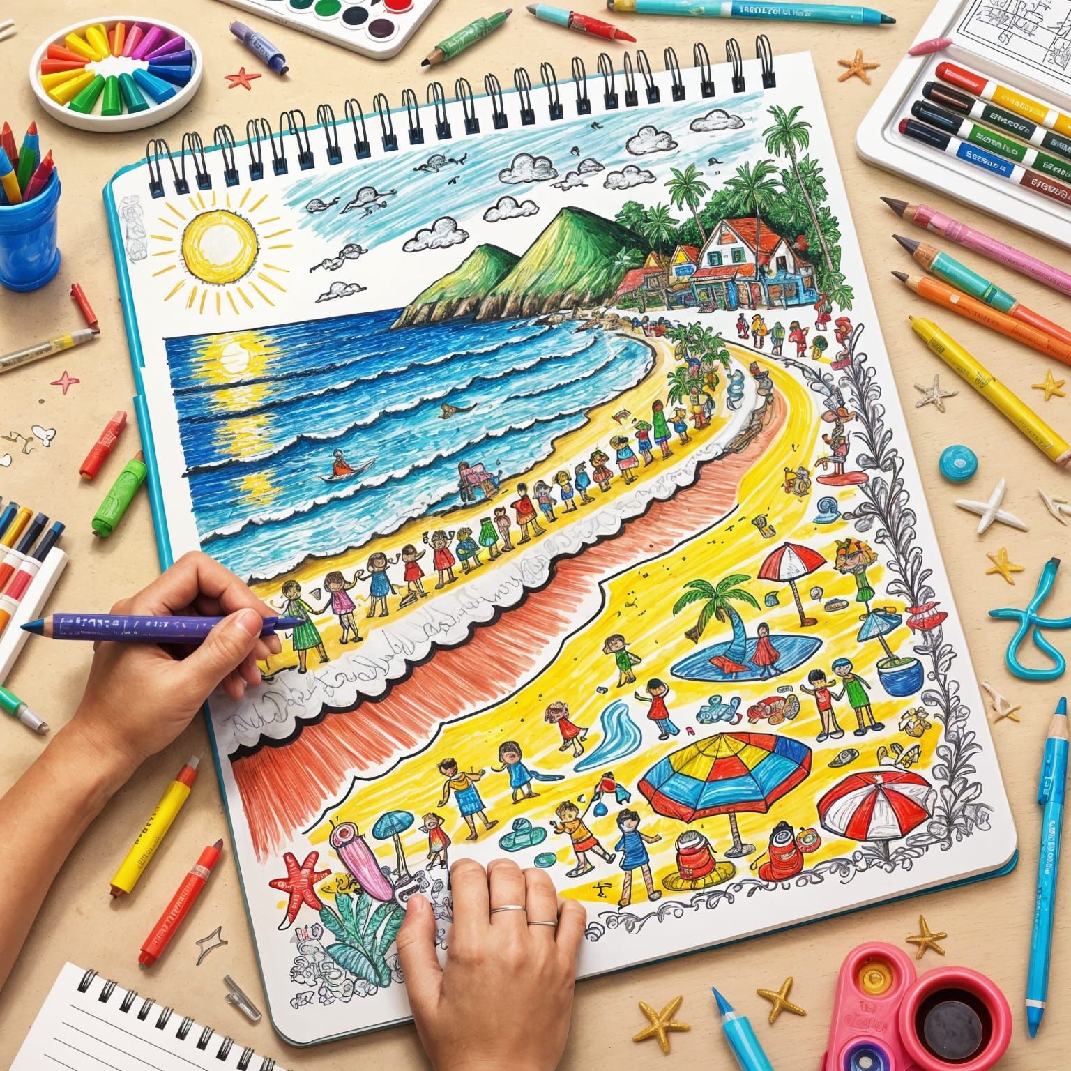 Hand Drawing a Child's Beach Crayon Doodle