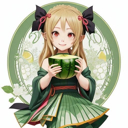 Cute Girl Enjoys Melon in Anime Style