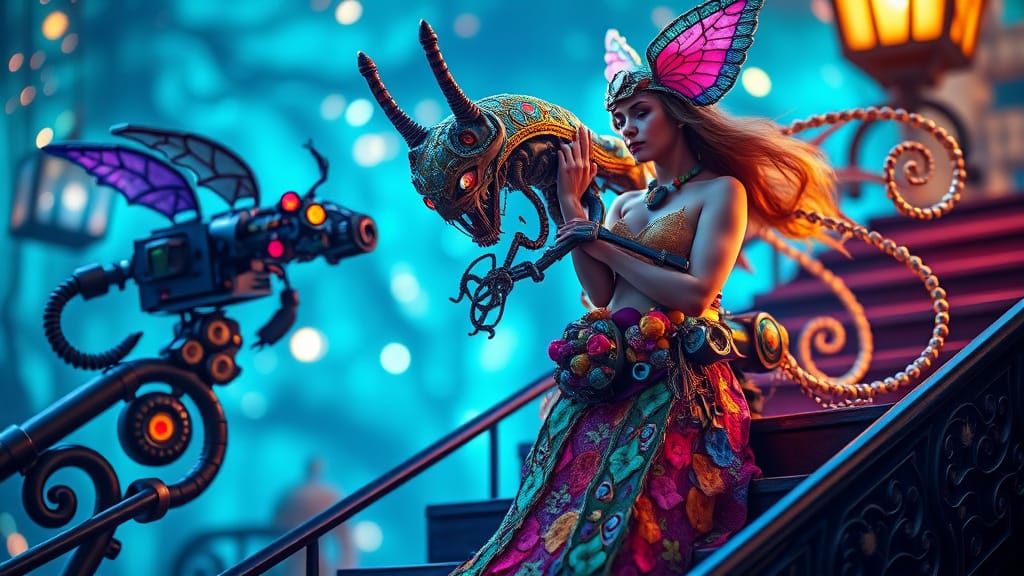 Psychedelic Lady in Steampunk Setting with Bokeh Stars