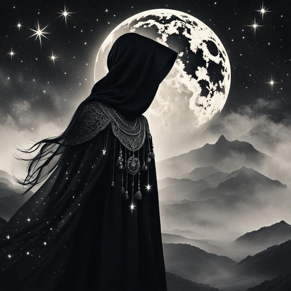 Celestial Woman in Shadows: Dark Fantasy Illustration