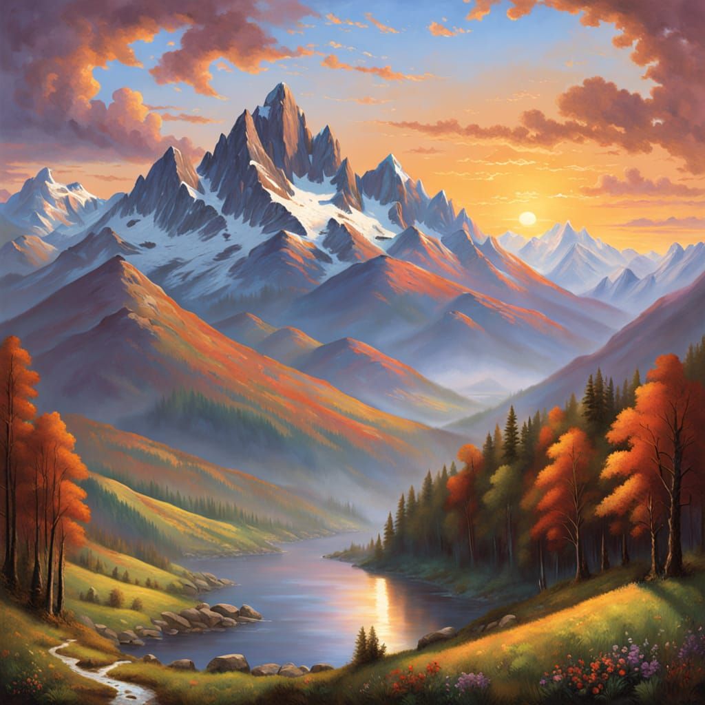 Surreal Mountain Landscape at Sunset in a Romantic Art Style