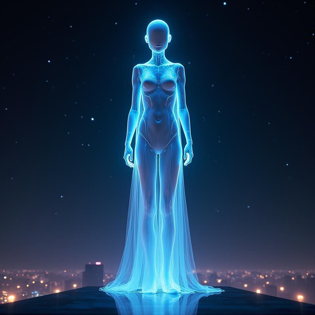 Spectral Humanoid Figure in Vaporwave Sci-Fi Cosmos