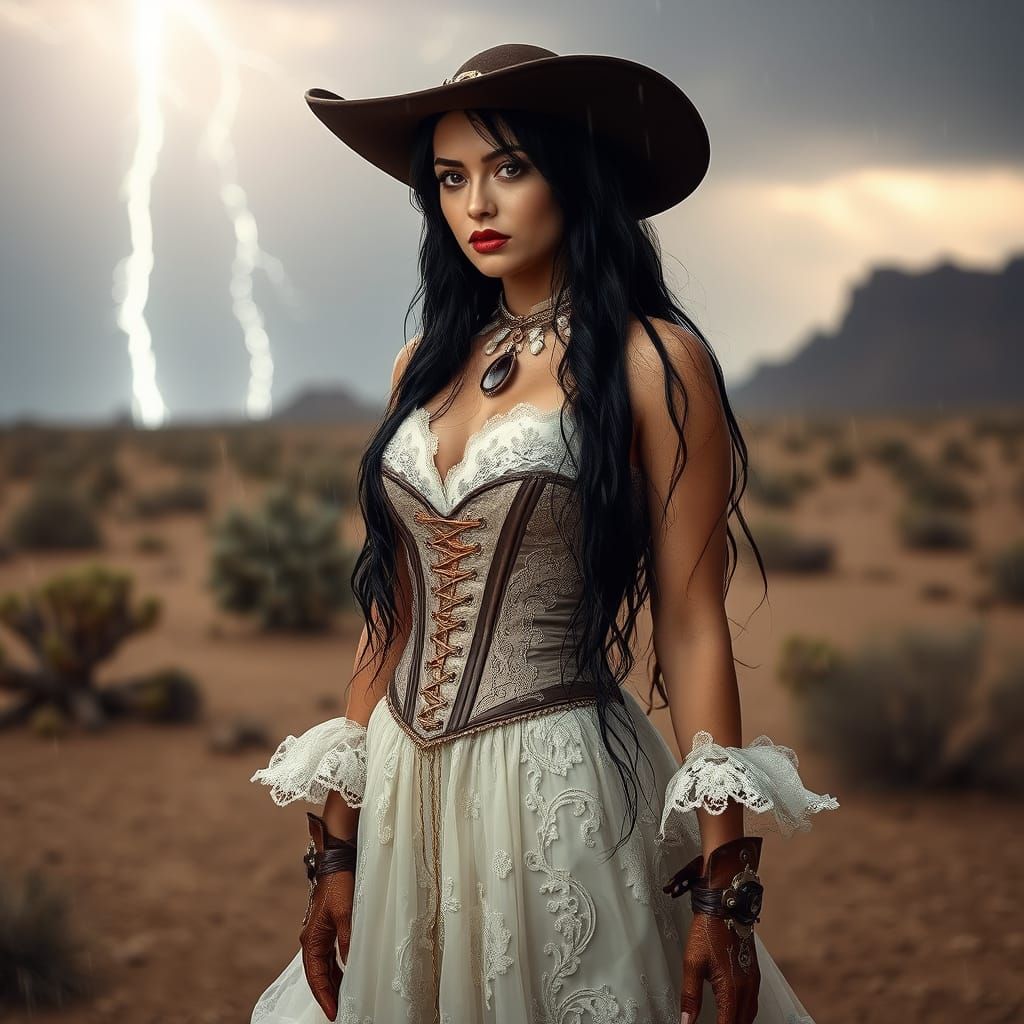 Steampunk Cowgirl in Victorian Wedding Attire, Drenched in R...
