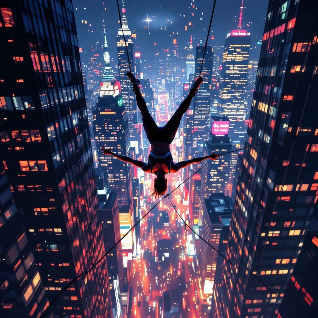 Acrobat Walks Headfirst Down Tightrope Between Skyscrapers