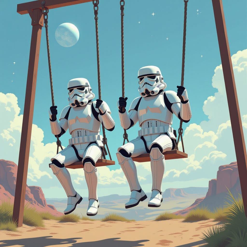 Stormtroopers on Swings in a Galaxy Landscape