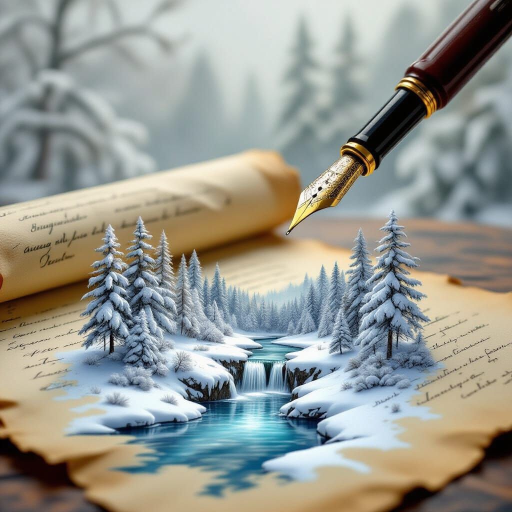 Antique Parchment with Surreal Winter Forest Ink Landscape