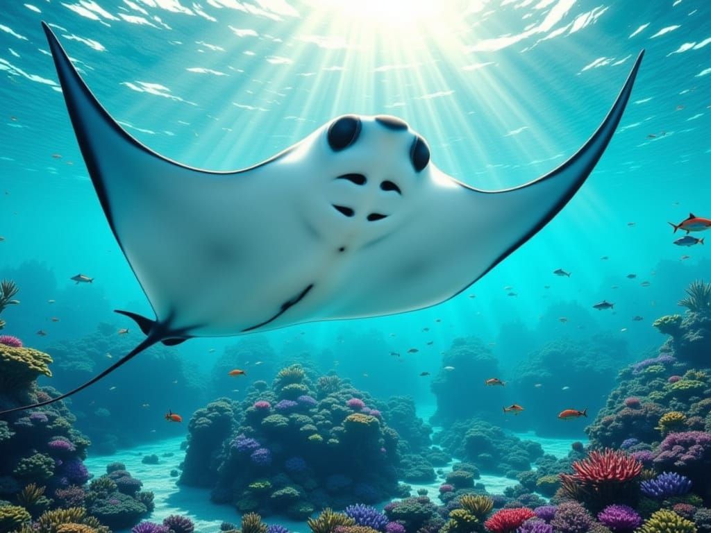 Manta Ray Glides Over Colorful Ocean Life