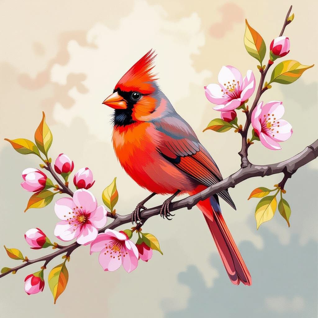 Vibrant Cardinal on Walnut Branch in Gouache Style
